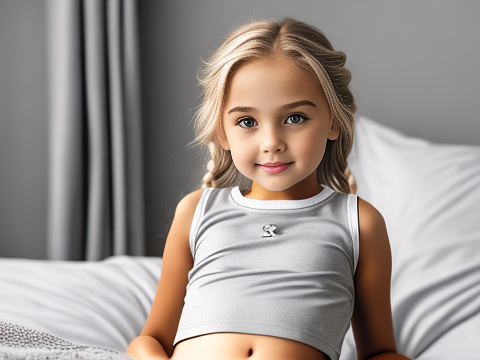 Realistic, detailed, 6-year-old girl, blonde hair, full-body, grey school mini-skirt, little white sports top, relaxing on bed, aroused expression, looking between her legs, girl bits, in custom style