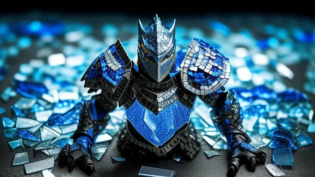 A fantasy blue armored knight at night under the moonlight in mosaic style