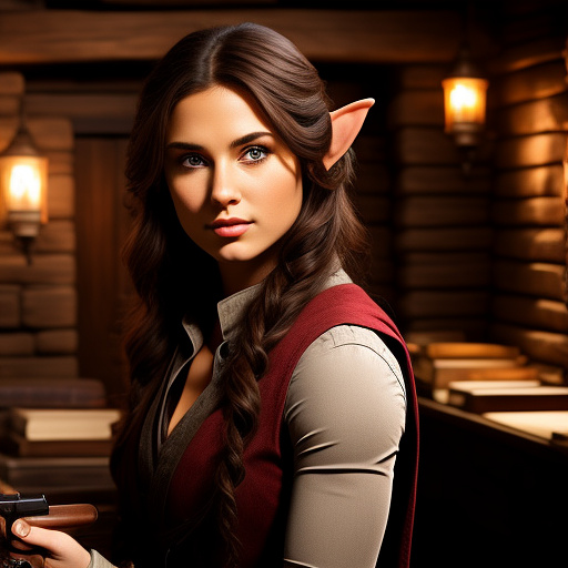 Dungeons and dragons, brown hair, female elf with two handguns  in custom style