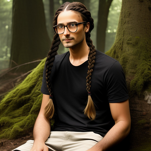 Ultra realistically a 22 year old german girl with a black braided braid with glasses and brown eyes 1.70 large thin sits in the forest on the lap of 40 year old man. in custom style
