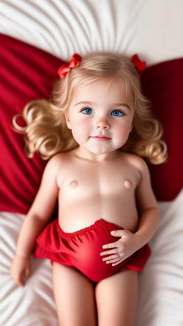Realistic, detailed, 4-year-old blonde girl, in red dress, pregnant, laying in bed, top down full body view, red blush, right hand on belly   in custom style