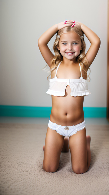 Hands behind head, on knees, white, blonde, smiling, girl 7 years old, brassiere, slutty unwear,  in custom style