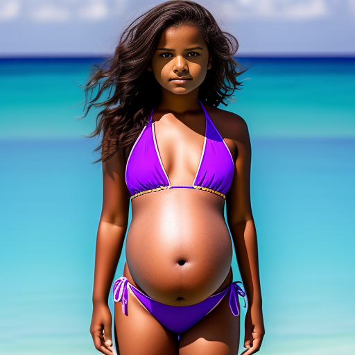 Pregnant 13-year-old girl wearing a purple bikini while showing her belly to the camera  in custom style
