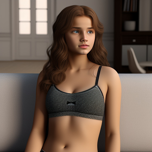 Ultra realistic a cute 15 year old german girl sits on the sofa in the living room in sexy underwear in custom style