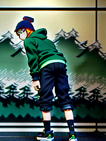 Teen boy in ski mask and fingerless gloves in an green hoodie and black trousers with bare ankle with black shoes on no socks on  in anime style