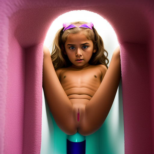 Ultra realistically a 10 year old girl hangs in a sex machine and is at the same time in the vagina and ass fuck she is startled to run out of her holes very detailed in custom style