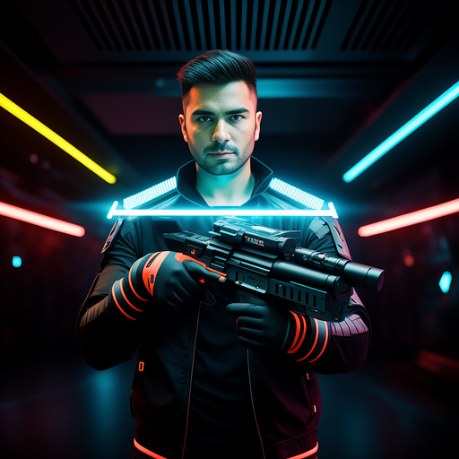 A man holding a blaster in sci-fi style
