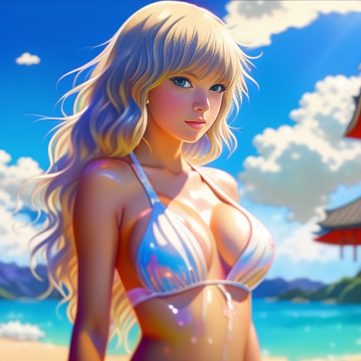 Taylor swift wearing a bikini soaked in milk
 in anime style