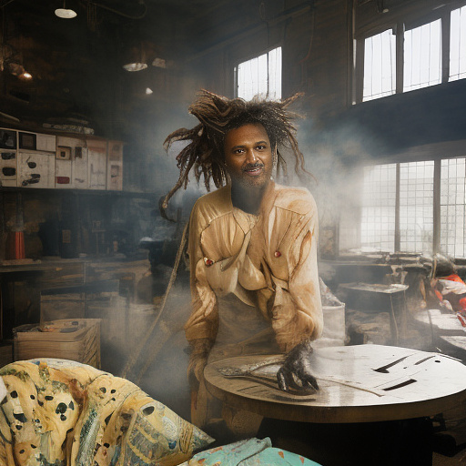 A black rastafarian is sitting on a worktable, smiling happily and smoking. the room is smoky. in custom style