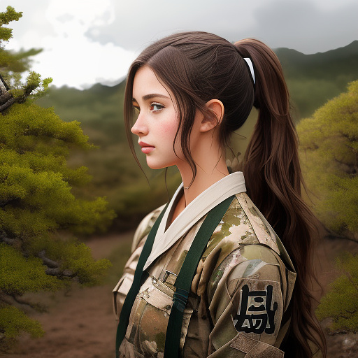 A realistic/cinematic white pale 19y girl with brown hair in a ponytail and brown/green paint/mud smeared on cheeks and face wearing a black camo  tactical gear and black clothes laying on chest holding a black sniper with scope ready in the muddy ground on a hill in a forest at early morning in anime style