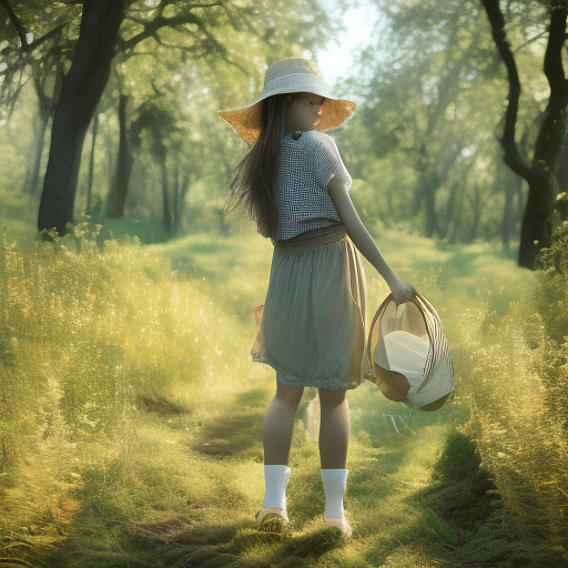 A girl is skipping across a sunny lawn. she has a basket in her hands and a hat on her head. in custom style