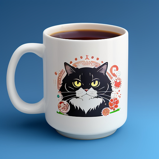 A cartoon-style cat with big expressive eyes and whiskers, hugging a giant coffee mug with crazy wide tired eyes, steam rising from the cup, pastel colors, kawaii cartoon style, clean outlines, playful and funny, t-shirt design in anime style
