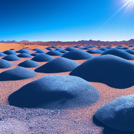 Sand particles hitting rocks, dry desert with blue sky, wide angle view" in custom style