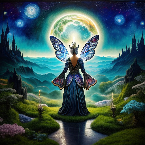 High quality, highly detailed, imagine a dreamlike scene blending the swirling cosmic colors of vincent van gogh's starry night with the surreal celestial precision of salvador dalí. in this cosmic dance, celestial bodies echo turner's atmospheric touch, blurring the line between reality and fantasy, in the foreground, a fantastically pretty woman with  butterfly wings  takes  stage, blending the whimsy of hieronymus bosch's beings with the organic flow of  art nouveau lines.  butterfly wings front view. double exposures. miniature galactic storm inside the wings of a butterfly.  h.r. giger's biomechanical aesthetic add an otherworldly touch, by  full color, in fantasy style