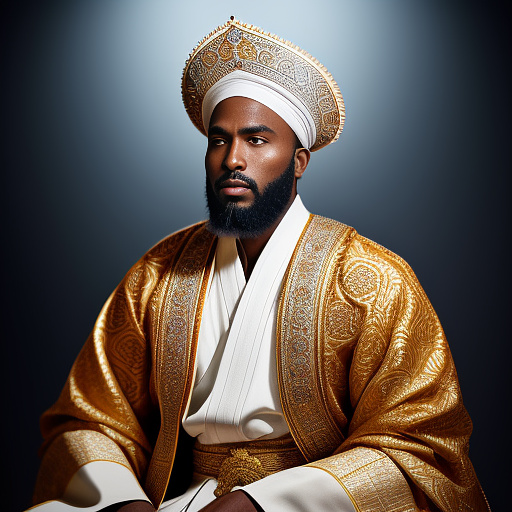The mighty sarki of kano sits enthroned in his grand palace, wearing an elaborate, oversized rawani (turban) in crisp white or vibrant hues, its geometric folds cascading down his shoulder. his amawali amawali (royal accessories) include a horsetail fly-whisk (chauri),glimmers—a gold-embroidered babban riga (robe) with hidden quranic motifs, coral beads (jalli), and a silver takobi (dagger) at his waist. his gaze is commanding yet thoughtful, radiating regal authority.hyper-detailed, photorealistic, and culturally accurate, evoking the timeless grandeur of the sokoto caliphate or kano emirate, 4k, kodak portra film grain in anime style