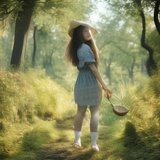 A girl is skipping across a sunny lawn. she has a basket in her hands and a hat on her head. in custom style