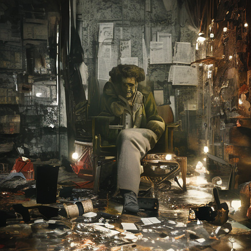 In a dark room, there is a telephone and a gun on the table. a man is sitting on a chair, and he is dead. in custom style