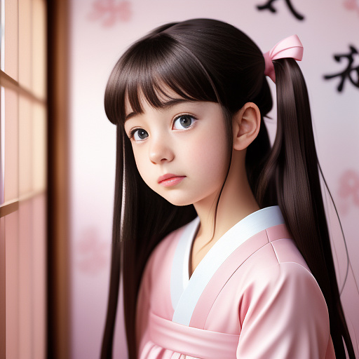 6 year old girl. she has dark brown hair that is up in high pigtails with a pink ribbon. she has pale skin and hazel eyes. she is wearing a pink dress. she has light tears in her eyes, and a hint of a bruise on her right temple. her expression is sad, and withdrawn. realistic picture. in anime style