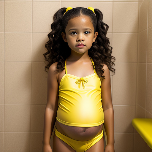 Pregnant, 7-years-old, jenna ortega, yellow bikini, yellow boots, bathroom in custom style