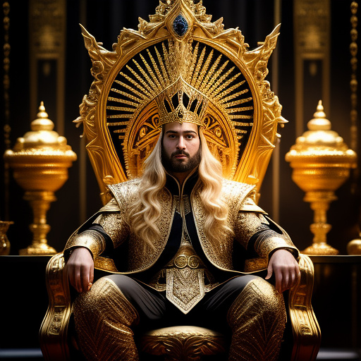 A man wearing a golden crown and sitting on a pearly throne wear in sci-fi style
