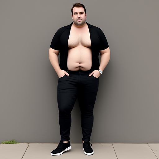 Full body and beardless face visible. shirtless obese brown haired white man in jeans with black shoes and with a massive belly. in custom style