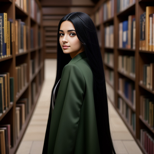 Medieval portrait of a hispanic woman with long black hair, wearing a simple dark green coat and standing in a library in anime style