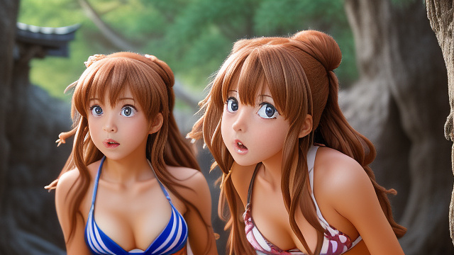 Photorealistic, two wookiees pull a frightened, struggling females bikini arms like a tug o war in anime style