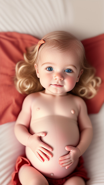 Realistic, detailed, 9-day-old blonde girl, in red peach dress, pregnant, laying in bed, top down full body view, red blush, right hand on belly   in custom style