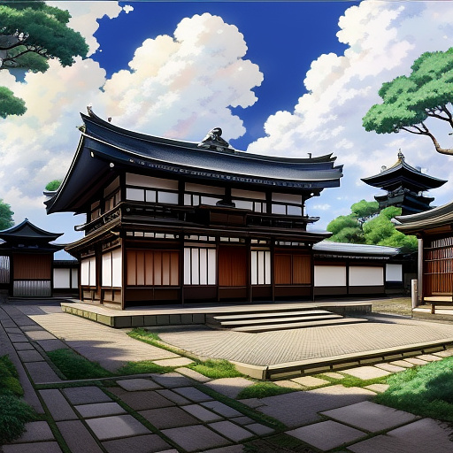 House with roof with tiles painting in anime style