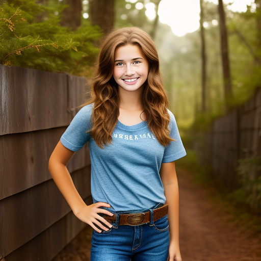 Extremely attractive 13 year old very youthful, happy, country girl with brown hair and big breasts, and a freckled face wearing a loose, brown, t-shirt with jeans, boots, and a belt standing in front of a wood fence standing in leaf litter. in custom style