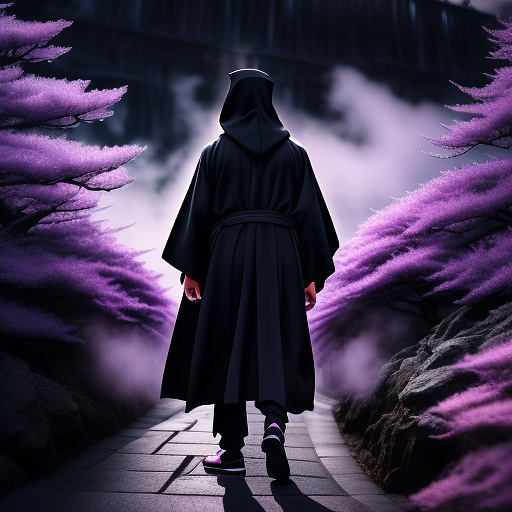 Man with black robes, with hood over head, casting a spell with purple vapor around him, in a dark valley in anime style
