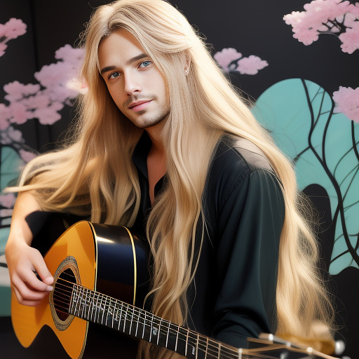 An attractive singer playing his guitar in a concert, long blond hair, light green eyes, ecstatic expression on his face,  black roses falling around him in anime style