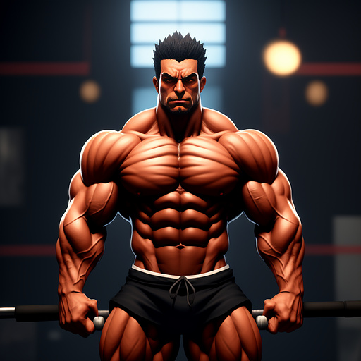 Fit man holding a barbell with veins on his biceps. his muscles are overdeveloped. his biceps are the size of basketballs. his lats are so wide he can’t put his arms down. 
 in anime style