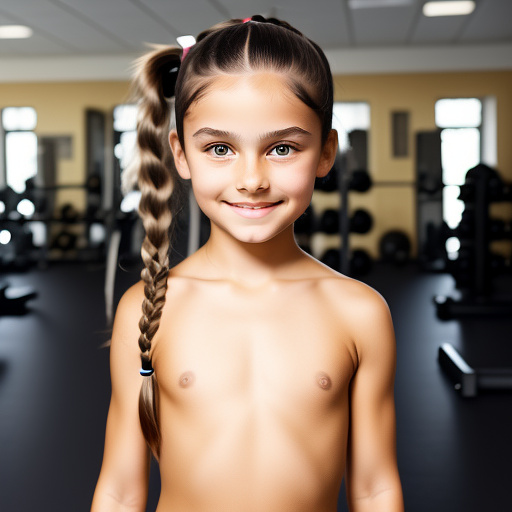 Cute caucasian white girl, 9 years old, long black hair tied into a ponytail, naked, at the gym in custom style