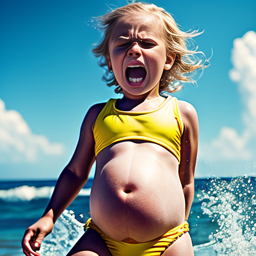 Realistic, detailed, pregnant, 7 years old white boy, yellow swimwear, beach, blonde, screaming in pain in custom style