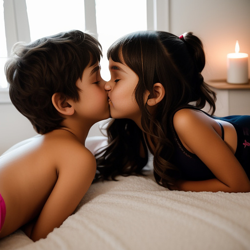 A romantic moment between a childhood couple in a cozy bedroom. the 11-year-old sexy hot girl, wearing a light, stylish bras and yoga pants, shares a gentle kiss with her 11-year-old boyfriend.  in custom style