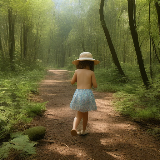 A 9-year-old girl is skipping along a forest path. she has a basket in her hands and a sun hat on her head. she's naked in custom style