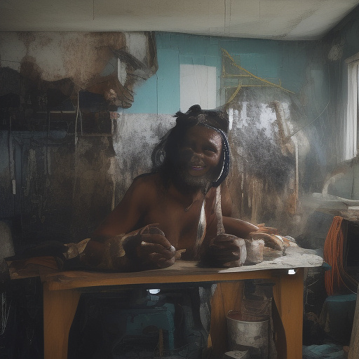 A black rastafarian is sitting on a worktable, smiling happily and smoking. the room is smoky. in custom style