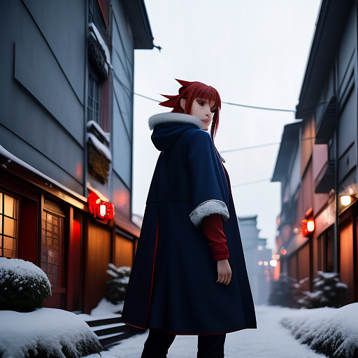 Female vampire wearing a red cloak, trimmed with light blue fur. it is snowing outside with snow-topped trees lining both sides of th street. eiffel tower is in the background. the streetlighs are on at night, photorealistic in anime style