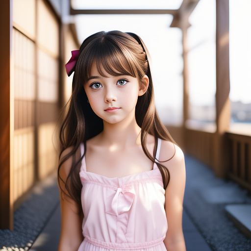 6 year old girl. she has dark brown hair that is down with a pink ribbon. she has pale skin and hazel eyes. she is wearing a pink dress. she has tears in her eyes. there is a dark blue bruise on her collarbone . her expression is sad, and withdrawn. realistic picture.american. no bangs
 in anime style