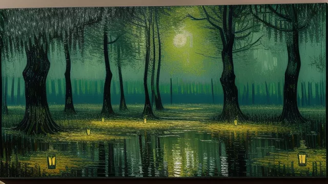 Dirty toxic swamp at night in the forest in neo impressionism style