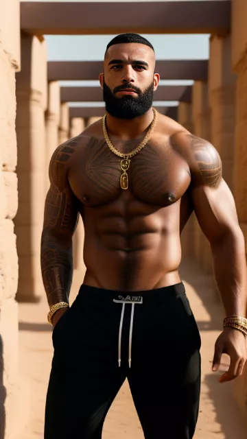 Skinhead tim gabel muslim arab black full beard extremely hairy chest toxic masculine alphamale thug arabic tattoos wearing thight tanktop sweatpants pumped ripped swollen muscles gold chains bracelets showing off desert in egypt style