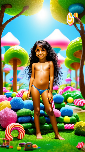 A stunningly beautiful (((tiny tiny))) (((7 year old))) latina girl, she is skinny, tiny in stature with flat breasts, she has long wavy jet black hair and tanned colored skin, she has a very youthful appearance, she is naked, standing in a park with warm natural sunlight casting gentle shadows, photorealistic style with crisp details, playful expression on her face, balanced composition.

 in kids painted style