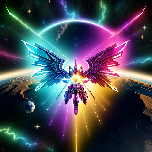 A cheerful transformer flies through space against the backdrop of planets. in angelcore style