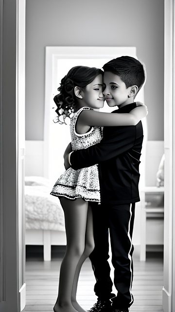 A romantic moment between a childhood couple. the very sexy hot 11 year old girl, wearing her super sexy clothes, hugging the 11 year old boy. in custom style