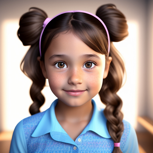 A seven year old girl, with light brown hair, dark brown eyes, wavy pigtails in her hair, and is wearing a cute light blue fancy shirt in disney 3d style