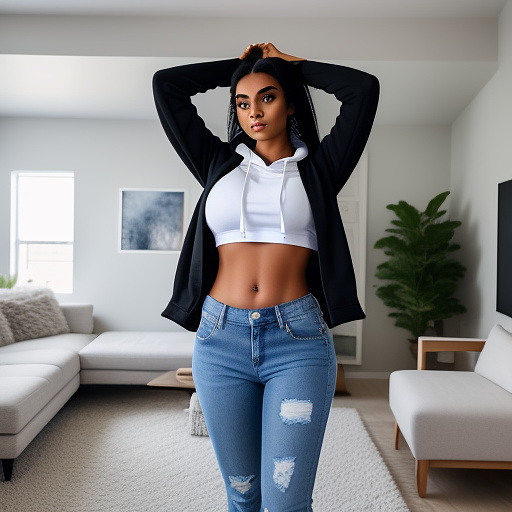 White college student with black hair and her arms up with big boobs and in a loose long sleeve cropped hoodie and long jeans pants and showing her whole belly and standing in the living room in custom style