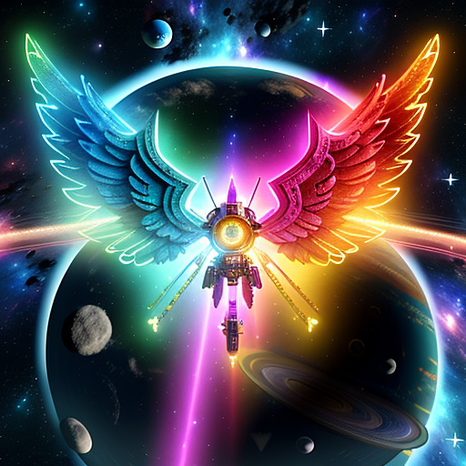 A cheerful transformer flies through space against the backdrop of planets. in angelcore style