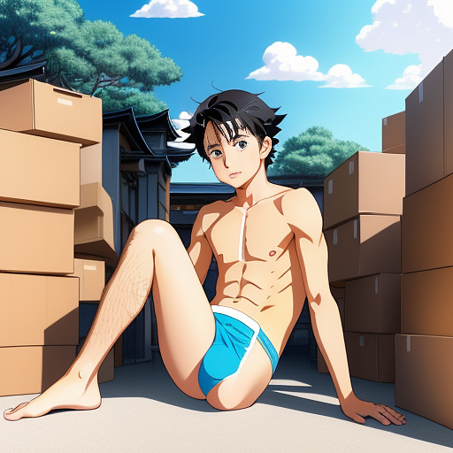 Boy in his underwear sitting in a town behind some boxes in anime style