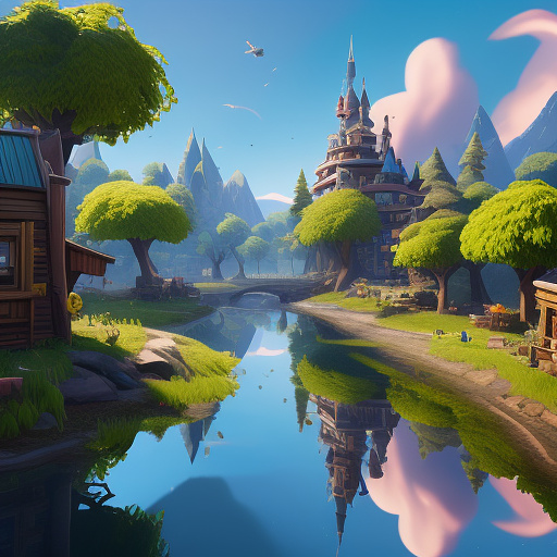 Fortnite characters interacting in a detailed scene with building structures, weapons, and additional elements in disney 3d style